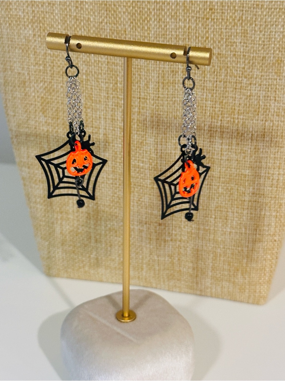 Fashion Jewelry Orange & Black Spiderweb Pumpkin Dangle Earrings